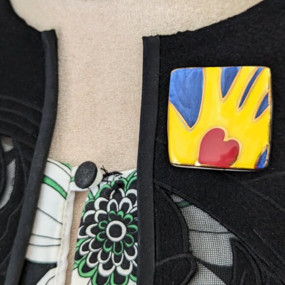 Vintage Square Ceramic Hand Heart Brooch Pin Handmade Hand Painted Jewelry - Picture 2 of 5